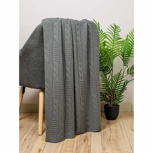 Knitted Wool Blended Throw Plaid Tonk Line Braids Graphite 140x180 cm 192984