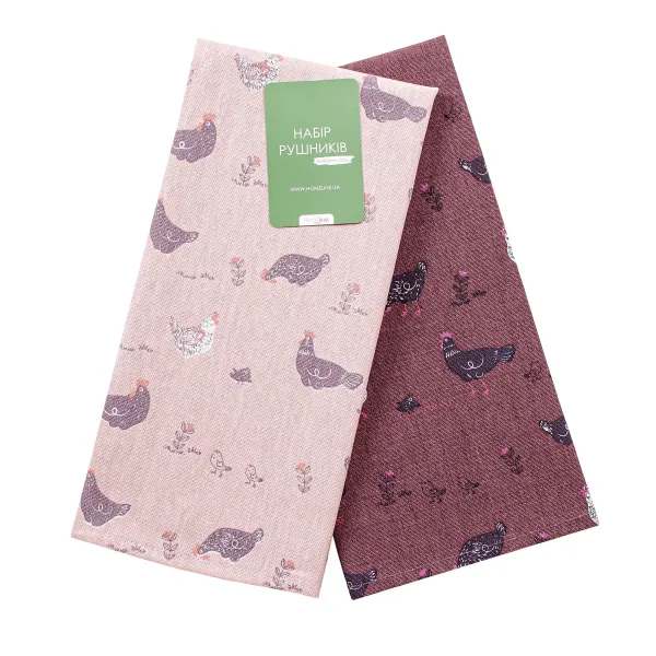 Set of 2 Cotton Canvas Kitchen Towels Walking with Chickens Pink, Aubergine  40х60 cm 183698