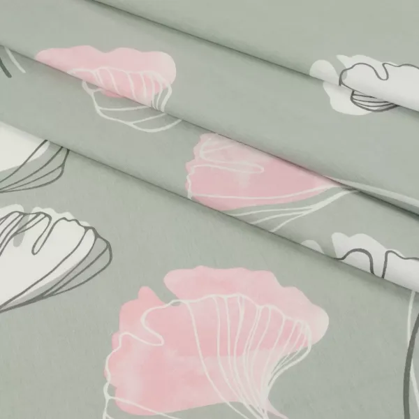 Printed Cotton Poplin Ginkgo Biloba Grey Pink width 150 cm (105 g/m2) 154980