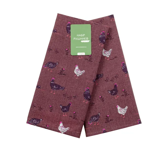 Set of 2 Cotton Canvas Kitchen Towels Walking with Chickens Burgundy 40х60 cm 182685