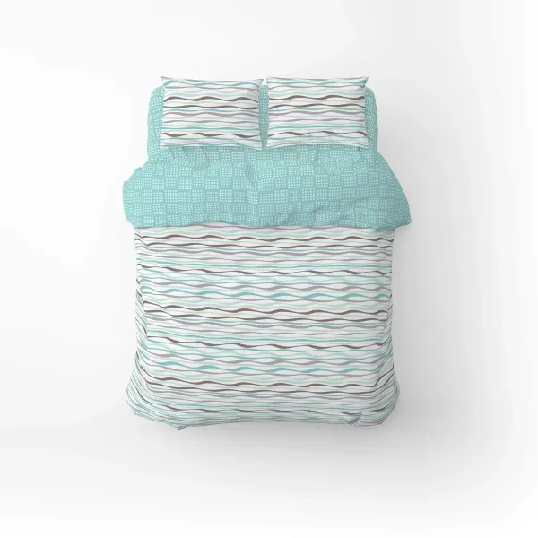 Single Cotton Bedding Set Home Line Waves and Checkered Turquoise 173833