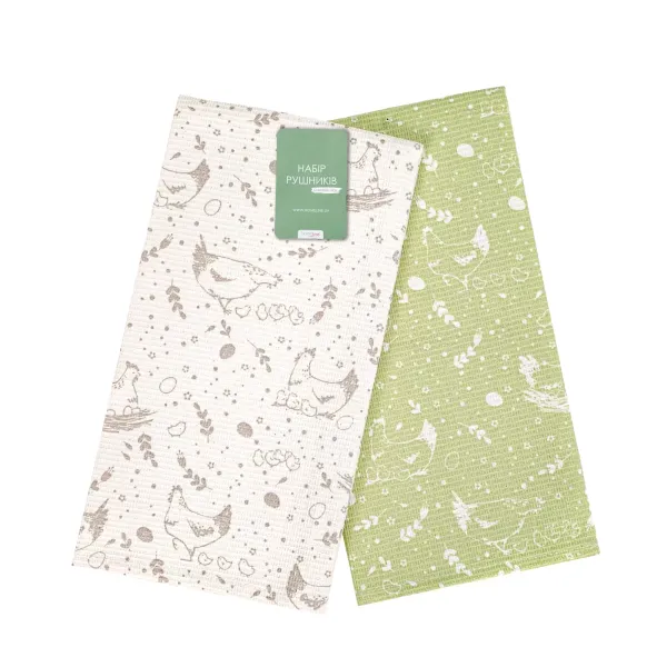 Set of waffle kitchen towels "Chickens" (light brown/light green) 45x60 cm - 2 pcs. 181430