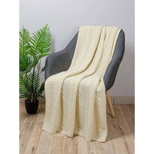 Knitted Wool Blended Throw Plaid Tonk Line Braids Ivory 140x180 cm 192981