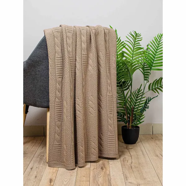 Knitted Wool Blended Throw Plaid Tonk Line Braids Coffee 140x180 cm 192983